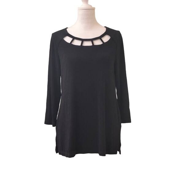 Chico's Black Lattice Scoop Neck 3/4 Sleeve Travelers Stretch Top Size 4/6 - Picture 1 of 11